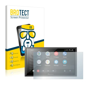 Parte frontal de un envase de producto con el logotipo de la marca BROTECT. Al lado se muestra el dispositivo Pioneer SPH-EVO6