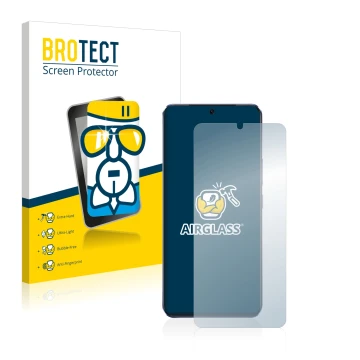 Parte frontal de un envase de producto con el logotipo de la marca BROTECT. Al lado se muestra el dispositivo Vivo V21 5G con 