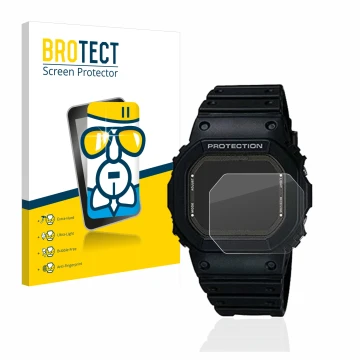 Parte frontal de un envase de producto con el logotipo de la marca BROTECT. Al lado se muestra el dispositivo Casio G-Shock GW