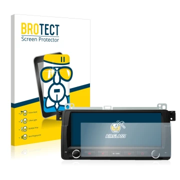 Parte frontal de un envase de producto con el logotipo de la marca BROTECT. Al lado se muestra el dispositivo Xtrons PQ8046BL 