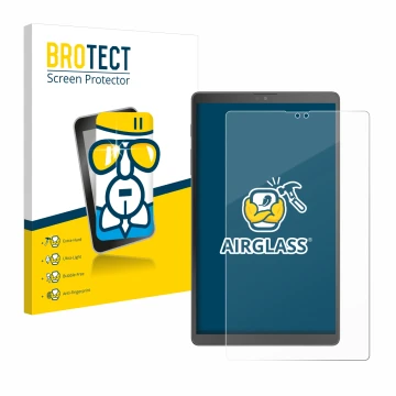 Parte frontal de un envase de producto con el logotipo de la marca BROTECT. Al lado se muestra el dispositivo Samsung Galaxy T