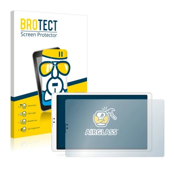 Parte frontal de un envase de producto con el logotipo de la marca BROTECT. Al lado se muestra el dispositivo Samsung Galaxy T