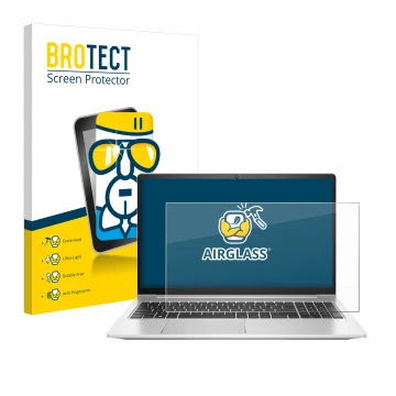 Parte frontal de un envase de producto con el logotipo de la marca BROTECT. Al lado se muestra el dispositivo HP ProBook 450 G