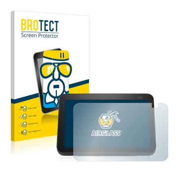 Parte frontal de un envase de producto con el logotipo de la marca BROTECT. Al lado se muestra el dispositivo Amazon Echo Show