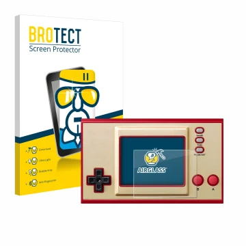 Parte frontal de un envase de producto con el logotipo de la marca BROTECT. Al lado se muestra el dispositivo Nintendo Game & 