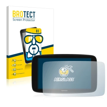 Parte frontal de un envase de producto con el logotipo de la marca BROTECT. Al lado se muestra el dispositivo TomTom Go Expert
