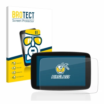 Parte frontal de un envase de producto con el logotipo de la marca BROTECT. Al lado se muestra el dispositivo TomTom Go Expert