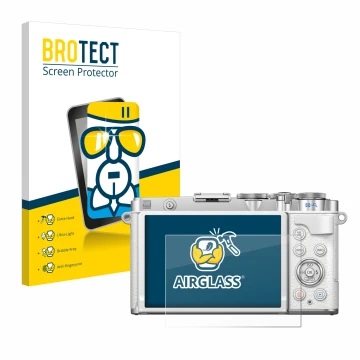 Parte frontal de un envase de producto con el logotipo de la marca BROTECT. Al lado se muestra el dispositivo Olympus PEN E-P7