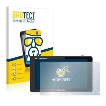 Parte frontal de un envase de producto con el logotipo de la marca BROTECT. Al lado se muestra el dispositivo Feelworld LUT6 6