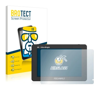 Parte frontal de un envase de producto con el logotipo de la marca BROTECT. Al lado se muestra el dispositivo Feelworld LUT7 7