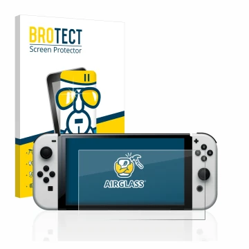 Parte frontal de un envase de producto con el logotipo de la marca BROTECT. Al lado se muestra el dispositivo Nintendo Switch 