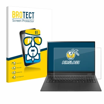 Parte frontal de un envase de producto con el logotipo de la marca BROTECT. Al lado se muestra el dispositivo LG gram 16'' 2-i