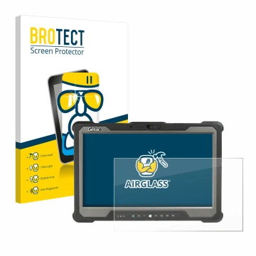 Parte frontal de un envase de producto con el logotipo de la marca BROTECT. Al lado se muestra el dispositivo Getac A140 con s