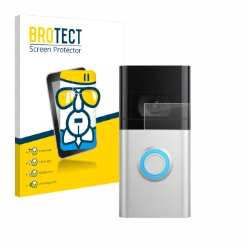 Parte frontal de un envase de producto con el logotipo de la marca BROTECT. Al lado se muestra el dispositivo Ring Video Doorb