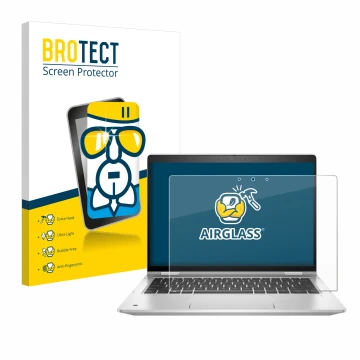 Parte frontal de un envase de producto con el logotipo de la marca BROTECT. Al lado se muestra el dispositivo HP ProBook x360 
