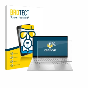 Parte frontal de un envase de producto con el logotipo de la marca BROTECT. Al lado se muestra el dispositivo HP Pavilion x360