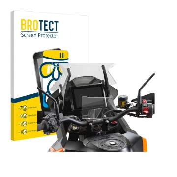 Parte frontal de un envase de producto con el logotipo de la marca BROTECT. Al lado se muestra el dispositivo KTM 1290 Super A