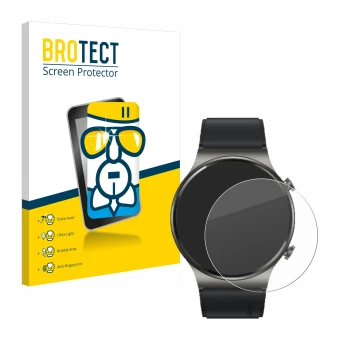 Parte frontal de un envase de producto con el logotipo de la marca BROTECT. Al lado se muestra el dispositivo Huawei Watch GT 