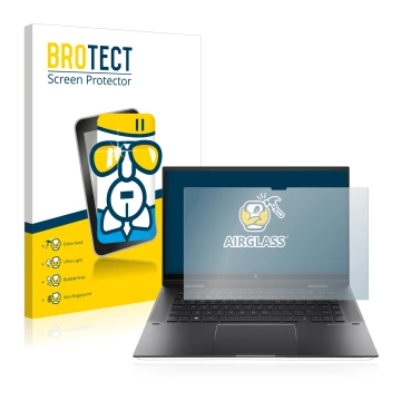 Parte frontal de un envase de producto con el logotipo de la marca BROTECT. Al lado se muestra el dispositivo HP Envy x360 (15