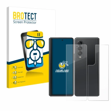 Parte frontal de un envase de producto con el logotipo de la marca BROTECT. Al lado se muestra el dispositivo Samsung Galaxy Z