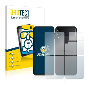 Parte frontal de un envase de producto con el logotipo de la marca BROTECT. Al lado se muestra el dispositivo Samsung Galaxy Z