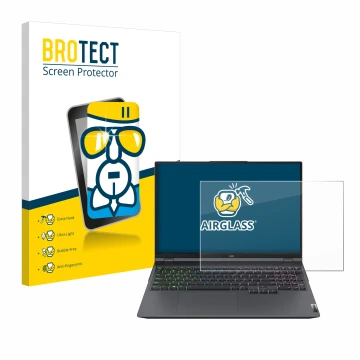 Parte frontal de un envase de producto con el logotipo de la marca BROTECT. Al lado se muestra el dispositivo Lenovo Legion 5 