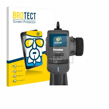 Parte frontal de un envase de producto con el logotipo de la marca BROTECT. Al lado se muestra el dispositivo Futaba T3PV con 