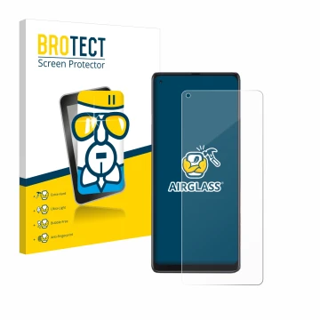 Parte frontal de un envase de producto con el logotipo de la marca BROTECT. Al lado se muestra el dispositivo Cubot Max 3 con 