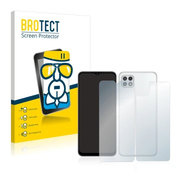 Parte frontal de un envase de producto con el logotipo de la marca BROTECT. Al lado se muestra el dispositivo Samsung Galaxy A