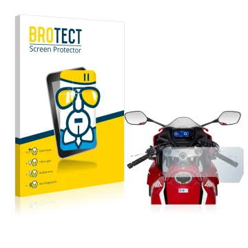 Parte frontal de un envase de producto con el logotipo de la marca BROTECT. Al lado se muestra el dispositivo Honda CBR650R 20
