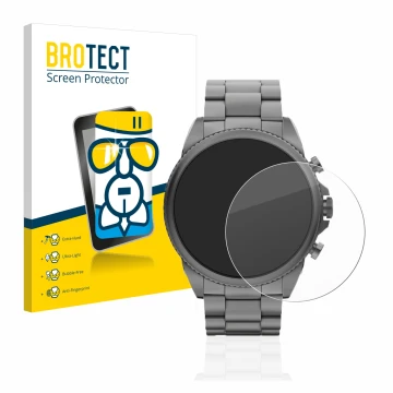 Parte frontal de un envase de producto con el logotipo de la marca BROTECT. Al lado se muestra el dispositivo Fossil Gen 6 (44