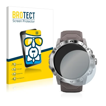 Parte frontal de un envase de producto con el logotipo de la marca BROTECT. Al lado se muestra el dispositivo Coros Vertix 2 c