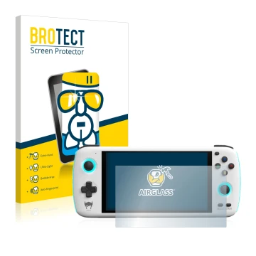 Parte frontal de un envase de producto con el logotipo de la marca BROTECT. Al lado se muestra el dispositivo AYN Odin con su 