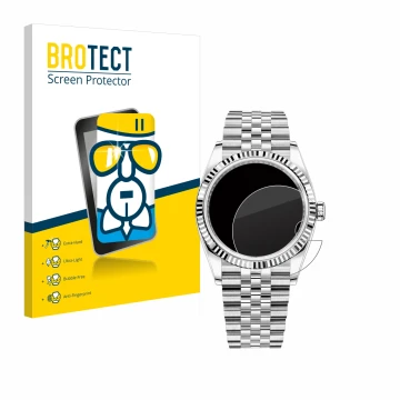 Parte frontal de un envase de producto con el logotipo de la marca BROTECT. Al lado se muestra el dispositivo Rolex Datejust 3