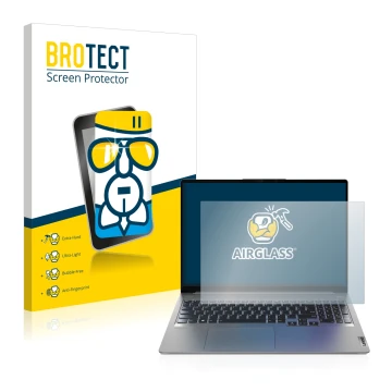 Parte frontal de un envase de producto con el logotipo de la marca BROTECT. Al lado se muestra el dispositivo Lenovo IdeaPad 5