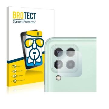 Parte frontal de un envase de producto con el logotipo de la marca BROTECT. Al lado se muestra el dispositivo Samsung Galaxy A