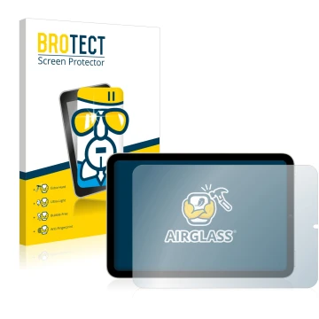 Parte frontal de un envase de producto con el logotipo de la marca BROTECT. Al lado se muestra el dispositivo Apple iPad Mini 