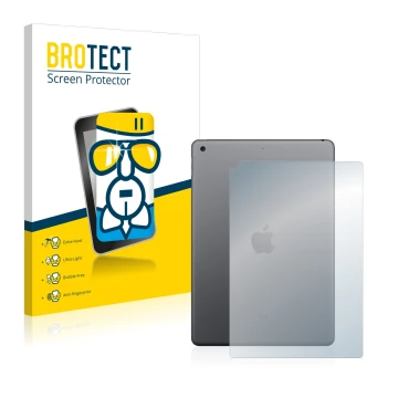 Parte frontal de un envase de producto con el logotipo de la marca BROTECT. Al lado se muestra el dispositivo Apple iPad 10.2