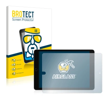 Parte frontal de un envase de producto con el logotipo de la marca BROTECT. Al lado se muestra el dispositivo Apple iPad 10.2