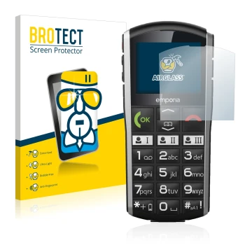 Parte frontal de un envase de producto con el logotipo de la marca BROTECT. Al lado se muestra el dispositivo Emporia Simplici