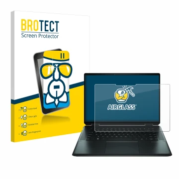 Parte frontal de un envase de producto con el logotipo de la marca BROTECT. Al lado se muestra el dispositivo HP Spectre x360 