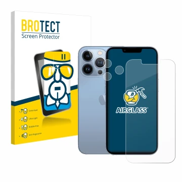 Parte frontal de un envase de producto con el logotipo de la marca BROTECT. Al lado se muestra el dispositivo Apple iPhone 13 