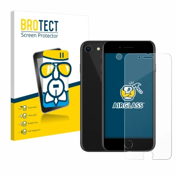 Parte frontal de un envase de producto con el logotipo de la marca BROTECT. Al lado se muestra el dispositivo Apple iPhone SE 