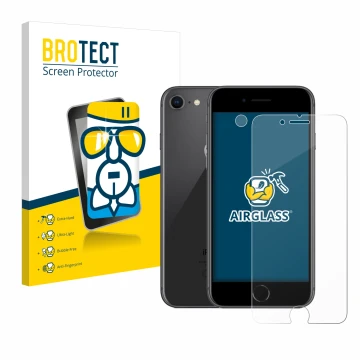 Parte frontal de un envase de producto con el logotipo de la marca BROTECT. Al lado se muestra el dispositivo Apple iPhone 8 (