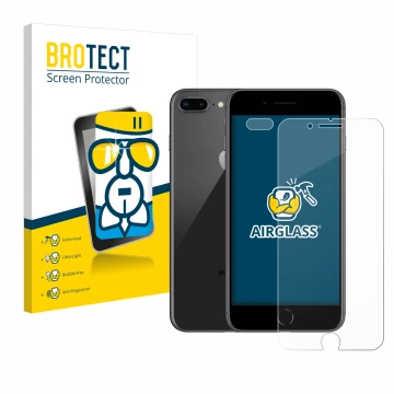 Parte frontal de un envase de producto con el logotipo de la marca BROTECT. Al lado se muestra el dispositivo Apple iPhone 8 P