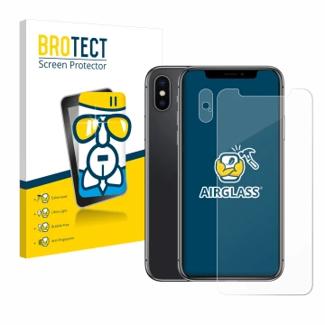 Parte frontal de un envase de producto con el logotipo de la marca BROTECT. Al lado se muestra el dispositivo Apple iPhone X (