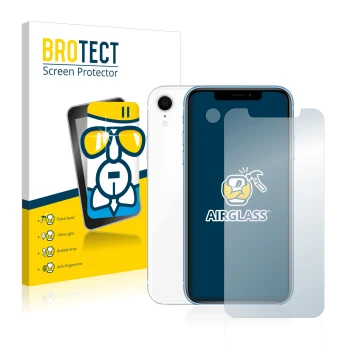 Parte frontal de un envase de producto con el logotipo de la marca BROTECT. Al lado se muestra el dispositivo Apple iPhone XR 