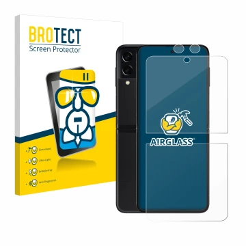 Parte frontal de un envase de producto con el logotipo de la marca BROTECT. Al lado se muestra el dispositivo Samsung Galaxy Z