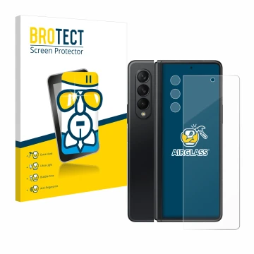 Parte frontal de un envase de producto con el logotipo de la marca BROTECT. Al lado se muestra el dispositivo Samsung Galaxy Z