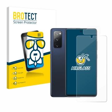 Parte frontal de un envase de producto con el logotipo de la marca BROTECT. Al lado se muestra el dispositivo Samsung Galaxy S